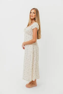 Online Worth Collective Marley 100% Cotton Midi Dress in Ivory/Blue Floral -Bump Friendly