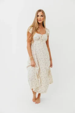Online Worth Collective Marley 100% Cotton Midi Dress in Ivory/Blue Floral -Bump Friendly