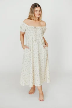 Online Worth Collective Marley 100% Cotton Midi Dress in Ivory/Blue Floral -Bump Friendly