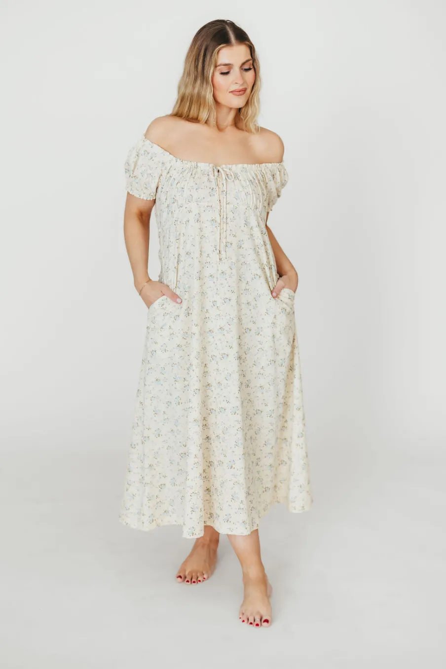 Online Worth Collective Marley 100% Cotton Midi Dress in Ivory/Blue Floral -Bump Friendly