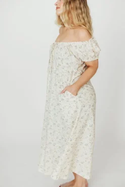 Online Worth Collective Marley 100% Cotton Midi Dress in Ivory/Blue Floral -Bump Friendly