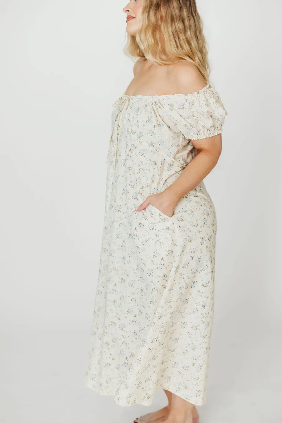 Online Worth Collective Marley 100% Cotton Midi Dress in Ivory/Blue Floral -Bump Friendly