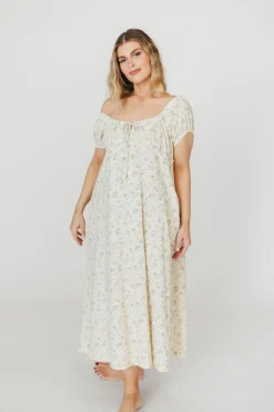 Online Worth Collective Marley 100% Cotton Midi Dress in Ivory/Blue Floral -Bump Friendly