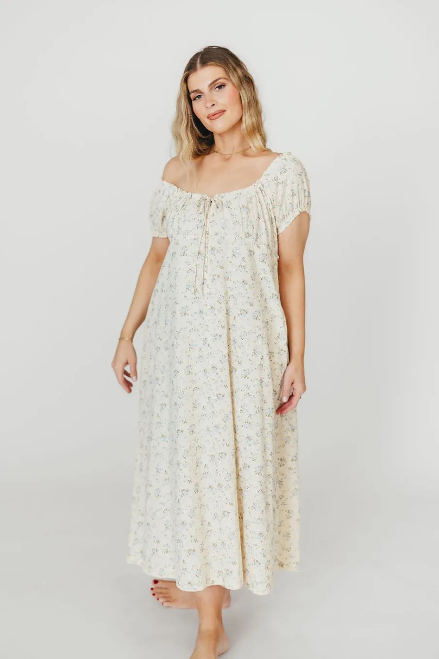 Online Worth Collective Marley 100% Cotton Midi Dress in Ivory/Blue Floral -Bump Friendly