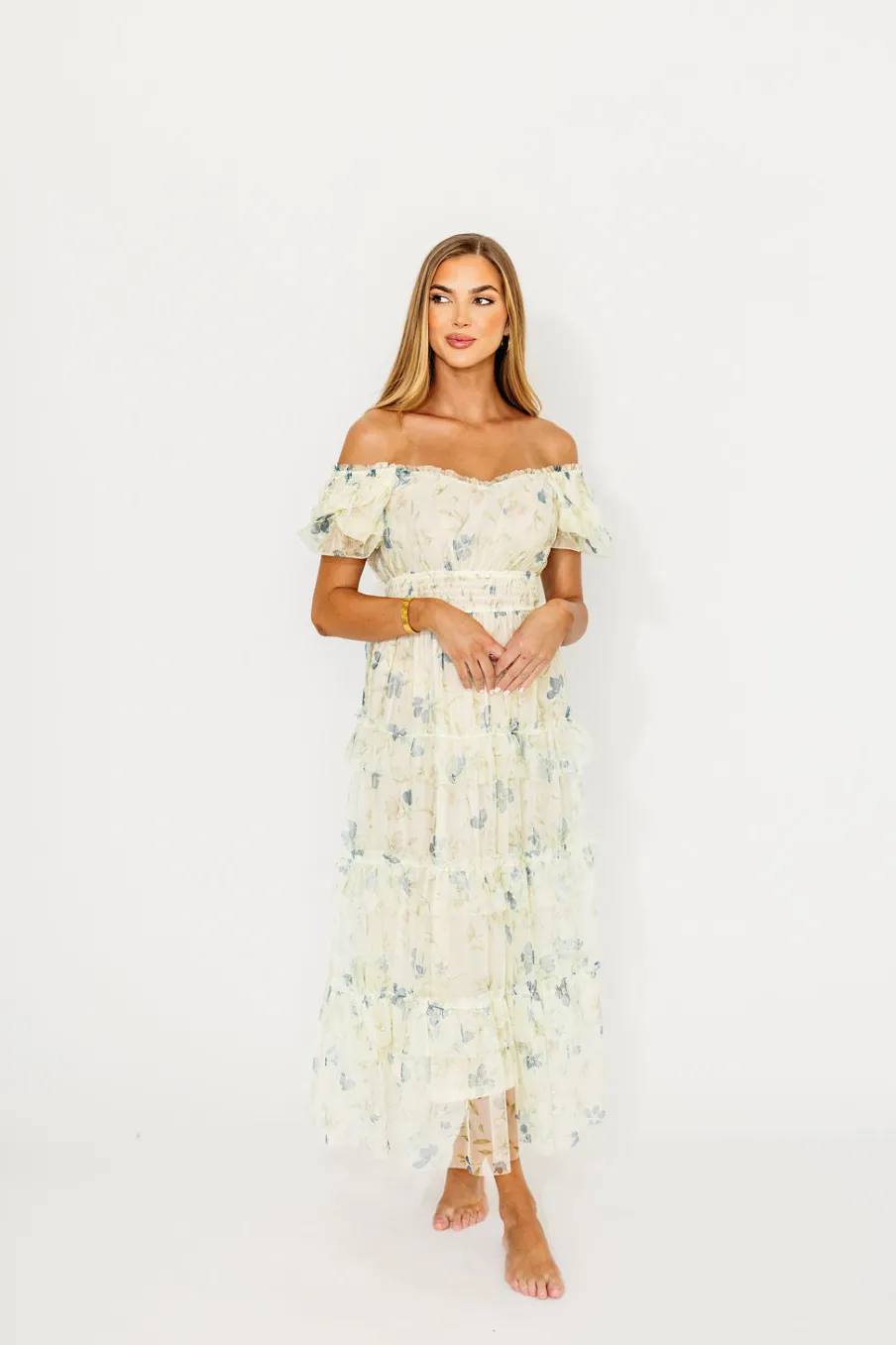 Outlet Worth Collective Martha Puff Sleeve Midi Dress in Ivory Mutli