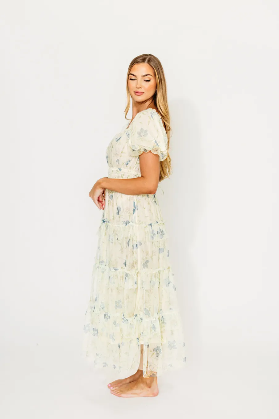 Outlet Worth Collective Martha Puff Sleeve Midi Dress in Ivory Mutli