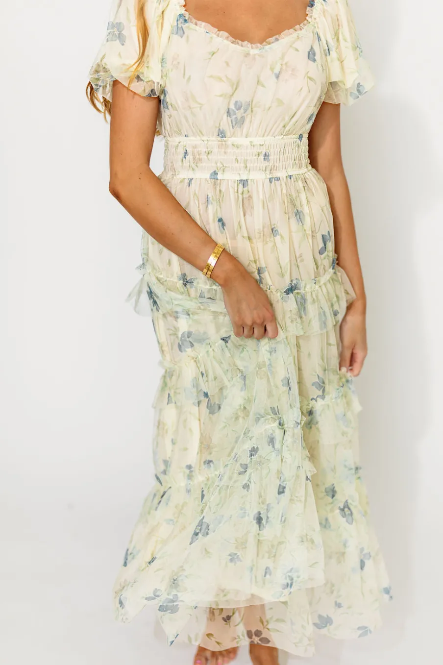 Outlet Worth Collective Martha Puff Sleeve Midi Dress in Ivory Mutli