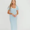Fashion Worth Collective Mary Kate Bow Shoulder Sweater Maxi Dress in Sky/White