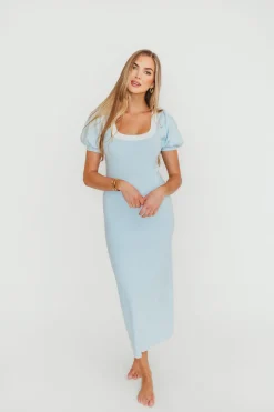 Fashion Worth Collective Mary Kate Bow Shoulder Sweater Maxi Dress in Sky/White