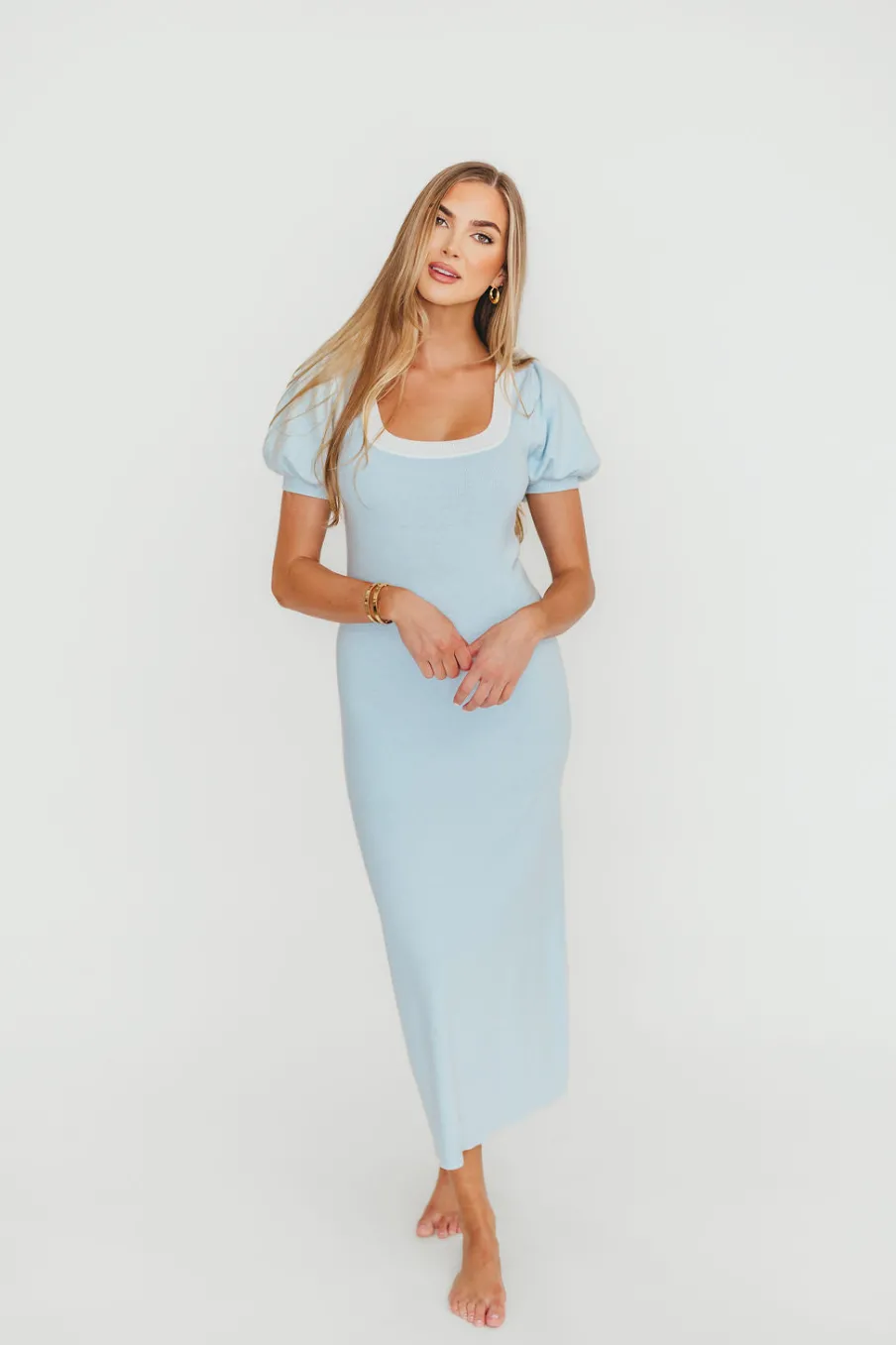 Fashion Worth Collective Mary Kate Bow Shoulder Sweater Maxi Dress in Sky/White