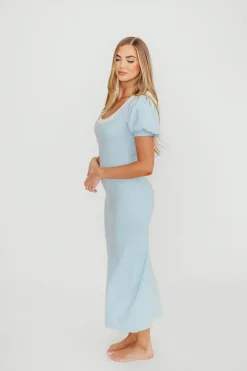 Fashion Worth Collective Mary Kate Bow Shoulder Sweater Maxi Dress in Sky/White