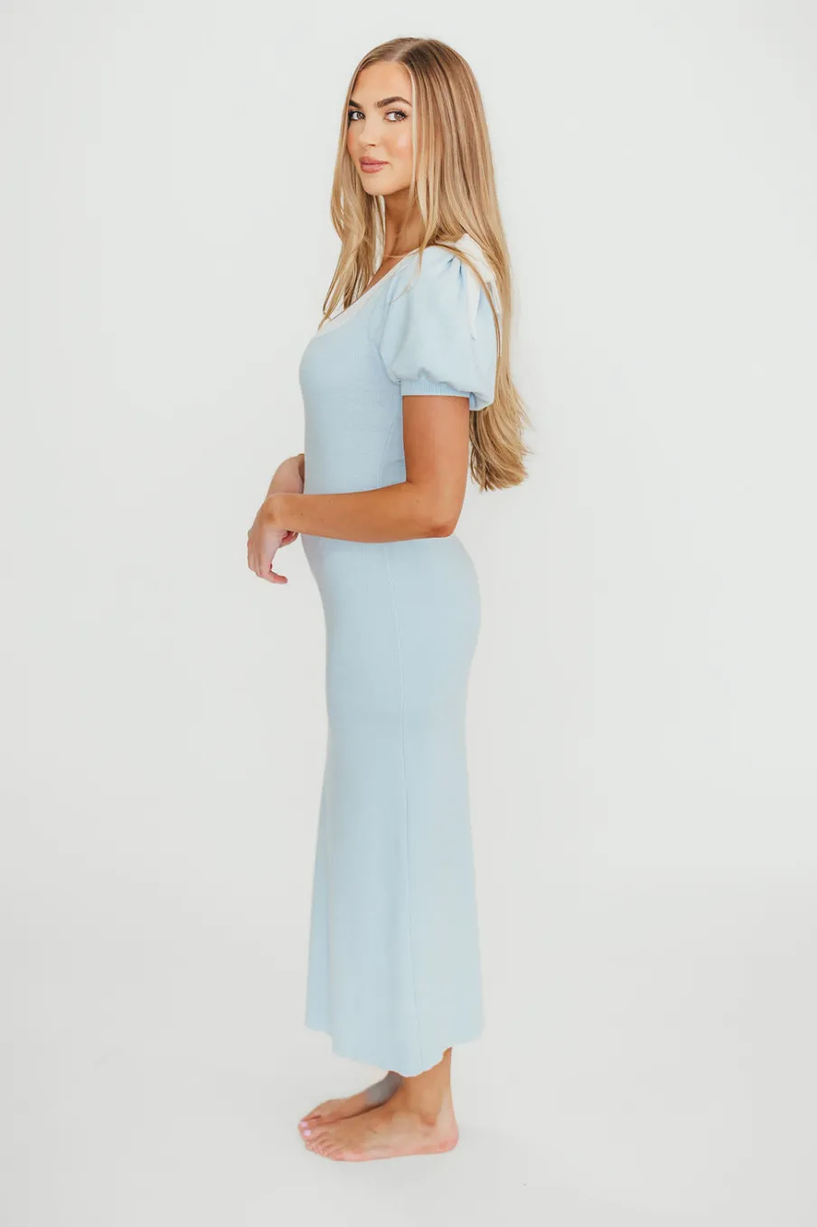 Fashion Worth Collective Mary Kate Bow Shoulder Sweater Maxi Dress in Sky/White