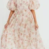 Hot Worth Collective McKenna Puffed Sleeve Tiered Midi Dress in Peach