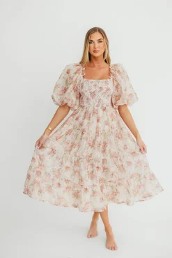 Hot Worth Collective McKenna Puffed Sleeve Tiered Midi Dress in Peach