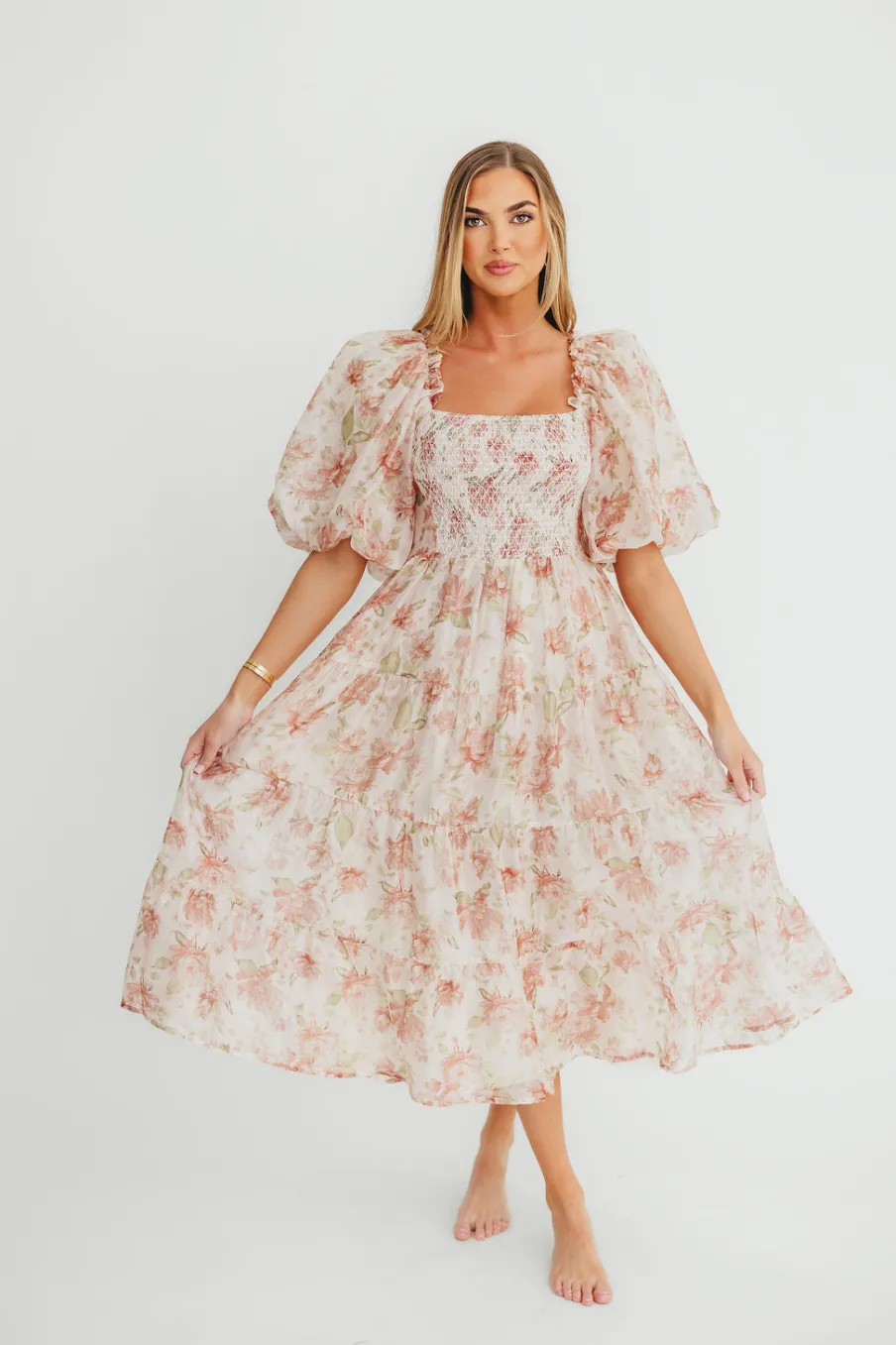 Hot Worth Collective McKenna Puffed Sleeve Tiered Midi Dress in Peach