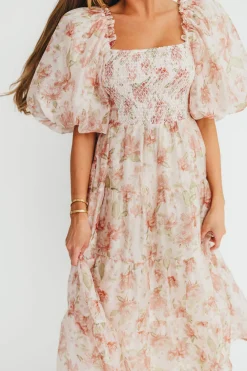 Hot Worth Collective McKenna Puffed Sleeve Tiered Midi Dress in Peach