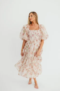 Hot Worth Collective McKenna Puffed Sleeve Tiered Midi Dress in Peach