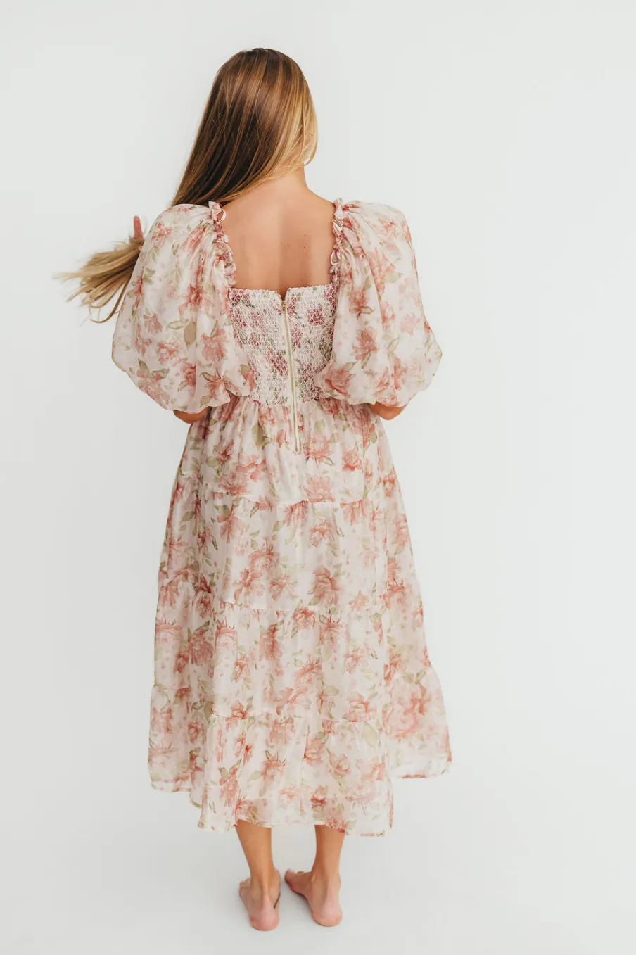 Hot Worth Collective McKenna Puffed Sleeve Tiered Midi Dress in Peach