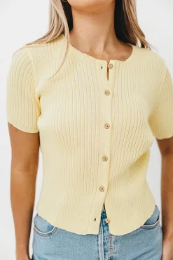 Sale Worth Collective Meg Raw Edge Button Up Ribbed Knit Top in Light Yellow