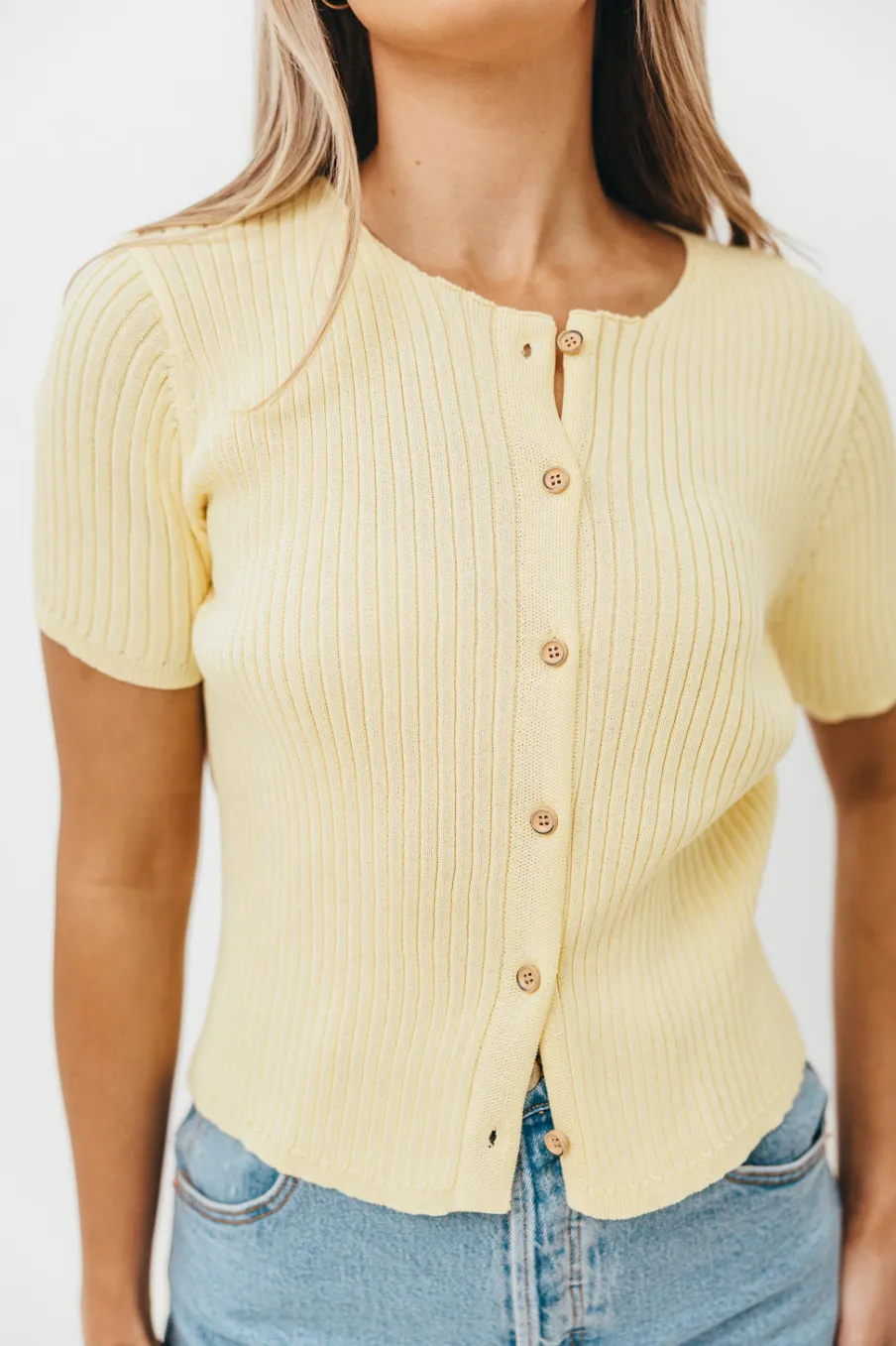 Sale Worth Collective Meg Raw Edge Button Up Ribbed Knit Top in Light Yellow