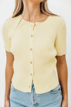 Sale Worth Collective Meg Raw Edge Button Up Ribbed Knit Top in Light Yellow