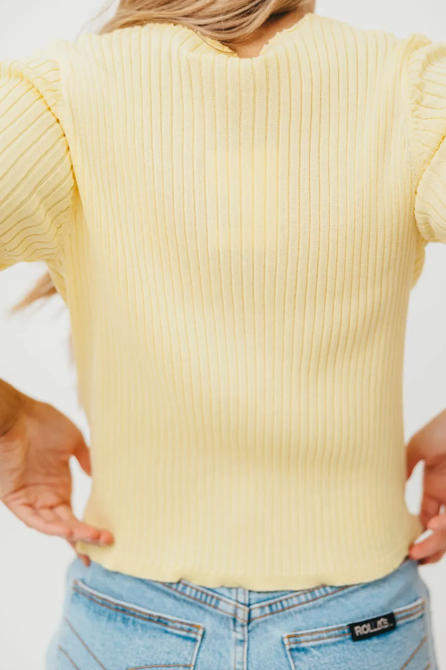 Sale Worth Collective Meg Raw Edge Button Up Ribbed Knit Top in Light Yellow