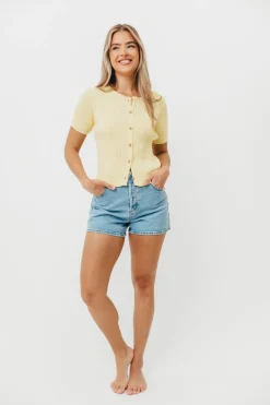 Sale Worth Collective Meg Raw Edge Button Up Ribbed Knit Top in Light Yellow