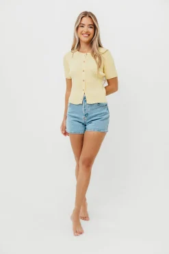 Sale Worth Collective Meg Raw Edge Button Up Ribbed Knit Top in Light Yellow