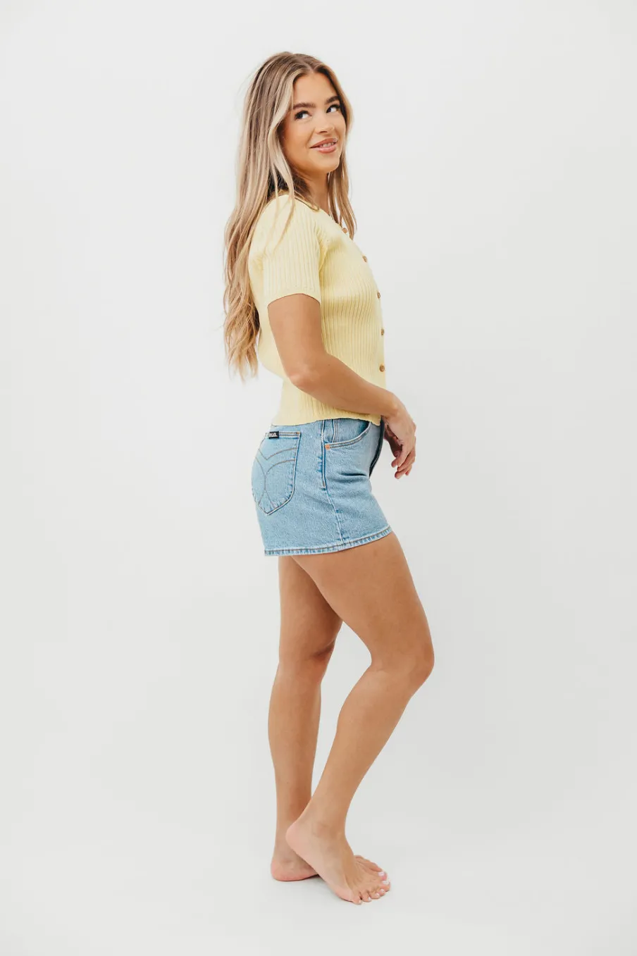 Sale Worth Collective Meg Raw Edge Button Up Ribbed Knit Top in Light Yellow