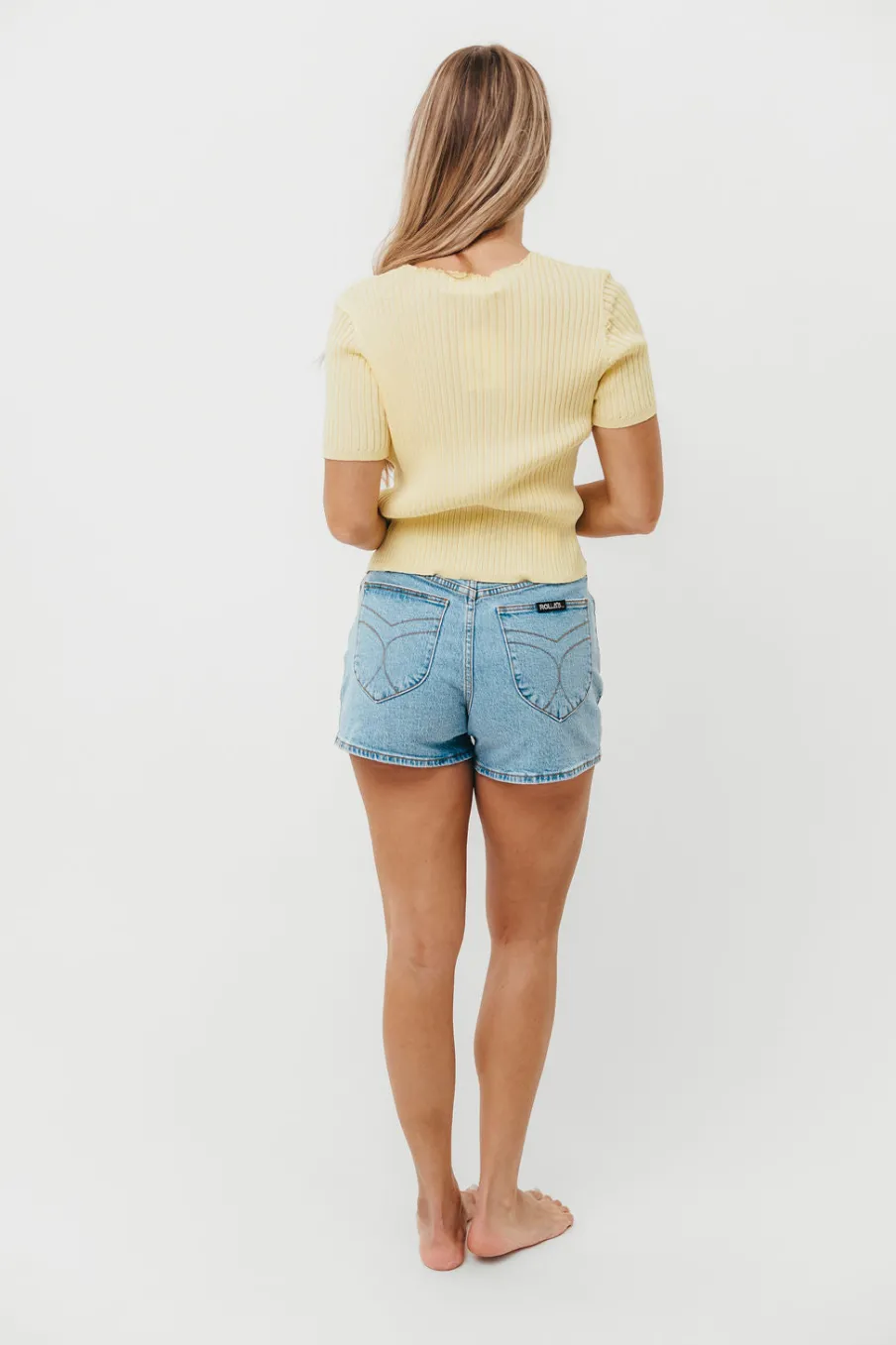 Sale Worth Collective Meg Raw Edge Button Up Ribbed Knit Top in Light Yellow
