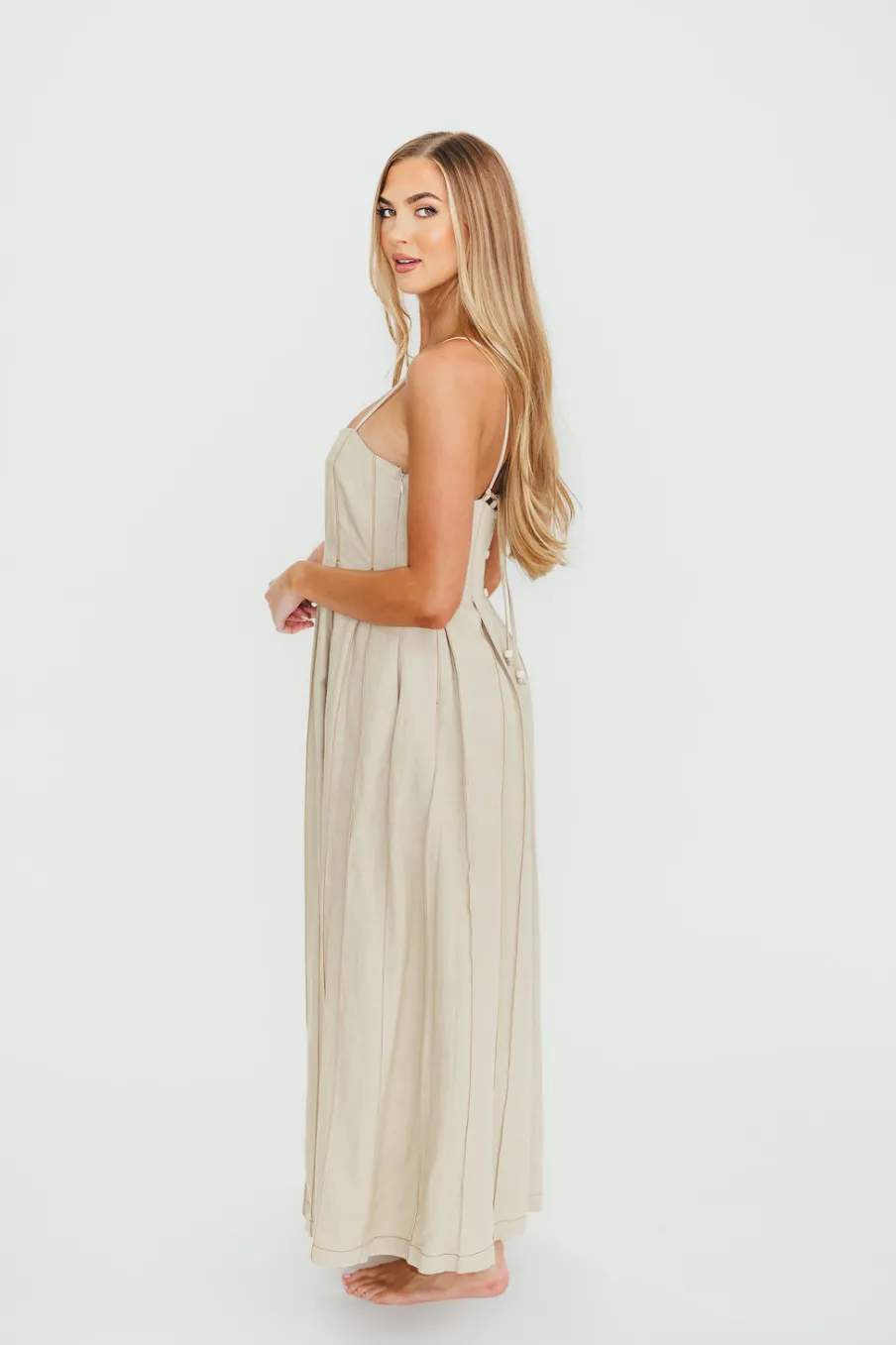 New Worth Collective Mei Linen Stitch Maxi Dress in Khaki