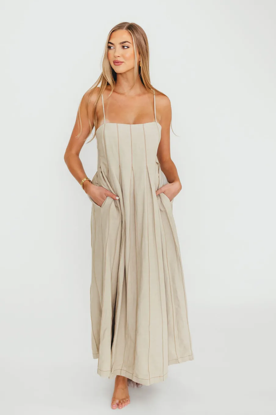 New Worth Collective Mei Linen Stitch Maxi Dress in Khaki