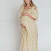 Sale Worth Collective Melody Maxi Dress with Pleats and Bow Detail in Yellow Floral - Bump F