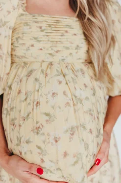 Sale Worth Collective Melody Maxi Dress with Pleats and Bow Detail in Yellow Floral - Bump F