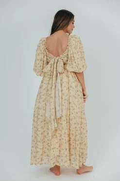 Sale Worth Collective Melody Maxi Dress with Pleats and Bow Detail in Yellow Floral - Bump F