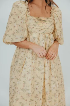 Sale Worth Collective Melody Maxi Dress with Pleats and Bow Detail in Yellow Floral - Bump F