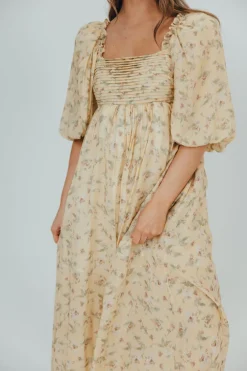 Sale Worth Collective Melody Maxi Dress with Pleats and Bow Detail in Yellow Floral - Bump F