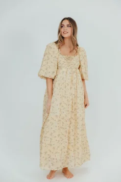 Sale Worth Collective Melody Maxi Dress with Pleats and Bow Detail in Yellow Floral - Bump F