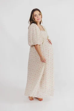 Best Worth Collective Melody Maxi Dress with Pleats and Bow Detail in Ivory Floral- Bump Fri