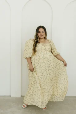Sale Worth Collective Melody Maxi Dress with Pleats and Bow Detail in Yellow Floral - Bump F