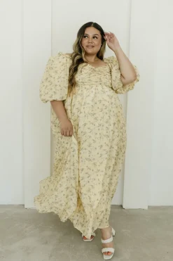 Sale Worth Collective Melody Maxi Dress with Pleats and Bow Detail in Yellow Floral - Bump F