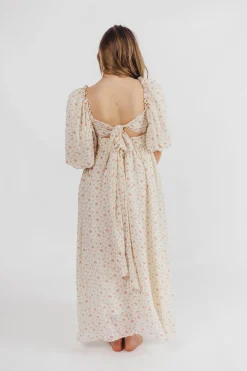 Best Worth Collective Melody Maxi Dress with Pleats and Bow Detail in Ivory Floral- Bump Fri