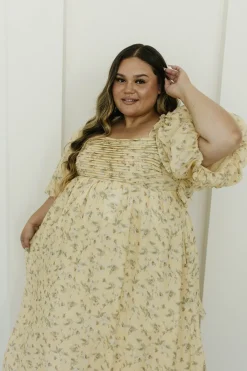 Sale Worth Collective Melody Maxi Dress with Pleats and Bow Detail in Yellow Floral - Bump F
