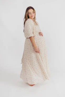 Best Worth Collective Melody Maxi Dress with Pleats and Bow Detail in Ivory Floral- Bump Fri