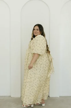 Sale Worth Collective Melody Maxi Dress with Pleats and Bow Detail in Yellow Floral - Bump F