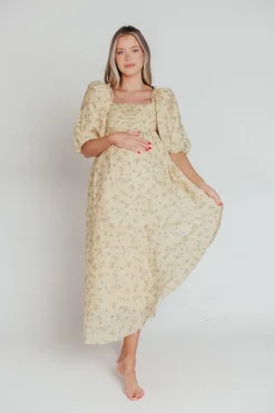Sale Worth Collective Melody Maxi Dress with Pleats and Bow Detail in Yellow Floral - Bump F
