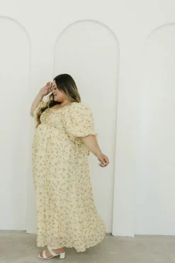 Sale Worth Collective Melody Maxi Dress with Pleats and Bow Detail in Yellow Floral - Bump F
