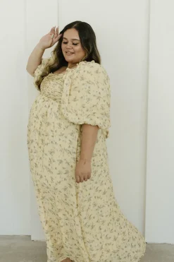 Sale Worth Collective Melody Maxi Dress with Pleats and Bow Detail in Yellow Floral - Bump F