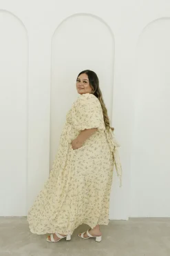 Sale Worth Collective Melody Maxi Dress with Pleats and Bow Detail in Yellow Floral - Bump F