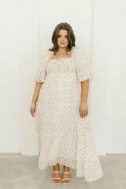 Best Worth Collective Melody Maxi Dress with Pleats and Bow Detail in Ivory Floral- Bump Fri